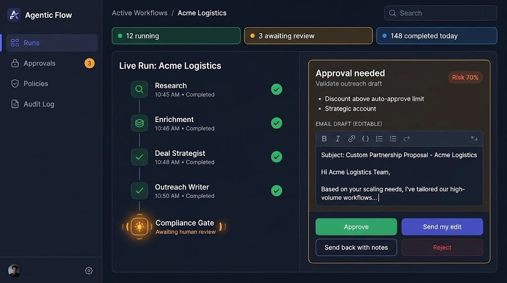 Next.js and Tailwind CSS dashboard showing a live agent timeline, run status chips, and an approval card with risk score, reasons, and approve, edit, or revise actions