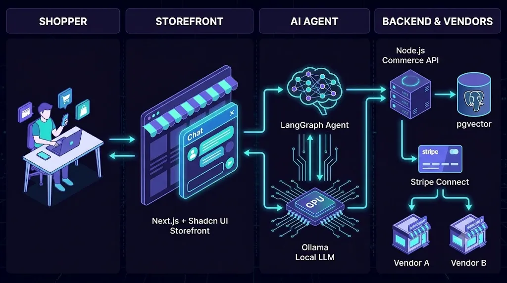 Agentic commerce architecture overview showing the storefront, agent service, commerce API, and payment layer