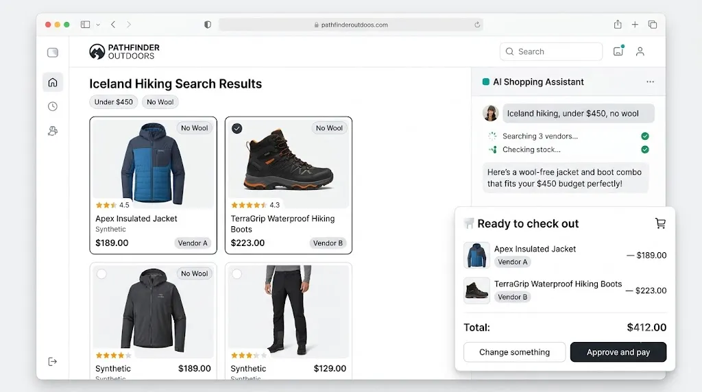 Next.js storefront with a conversational shopping panel and Shadcn approval card