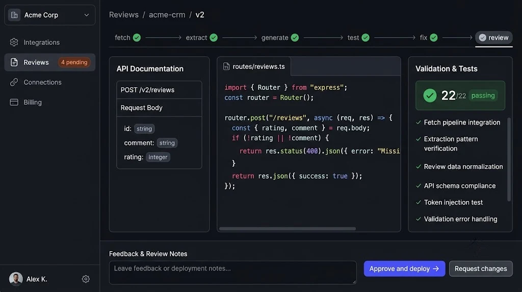 Next.js and Shadcn UI review queue dashboard showing pending connectors