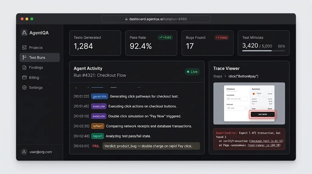 Screenshot-style mockup of the Next.js and Shadcn UI dashboard showing a live agent activity log, a test flow list, and a failed-test trace viewer