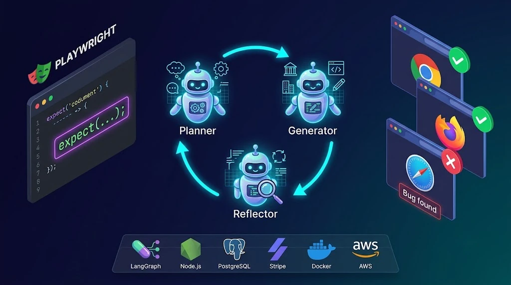 Hero illustration of an autonomous QA testing SaaS: AI agents generating and running end-to-end tests across browsers, with a live dashboard