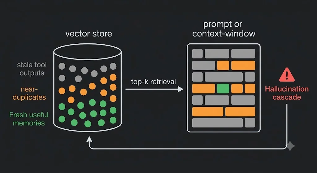 Diagram showing an agent's vector store filling with stale and duplicate memories, leading to a polluted context window