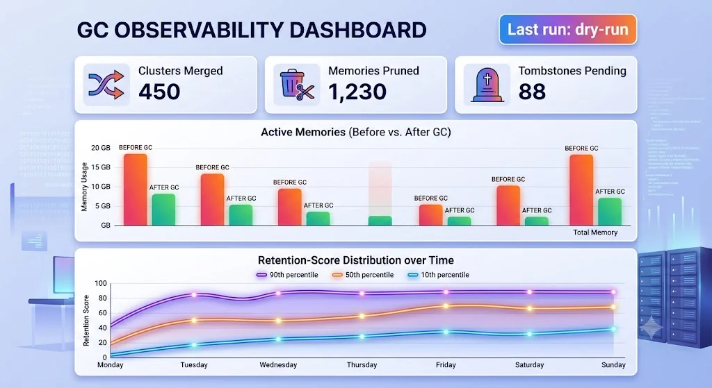 Dashboard mockup showing GC run reports: memories before and after, clusters merged, tombstones pending compaction