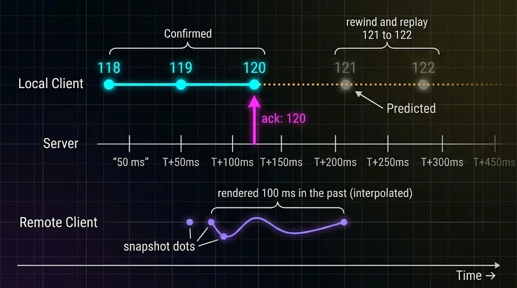 Timeline of client-side prediction: inputs 118 to 120 confirmed by a server ack of 120, inputs 121 to 122 rewound and replayed, and a remote client rendered 100 ms in the past via interpolation