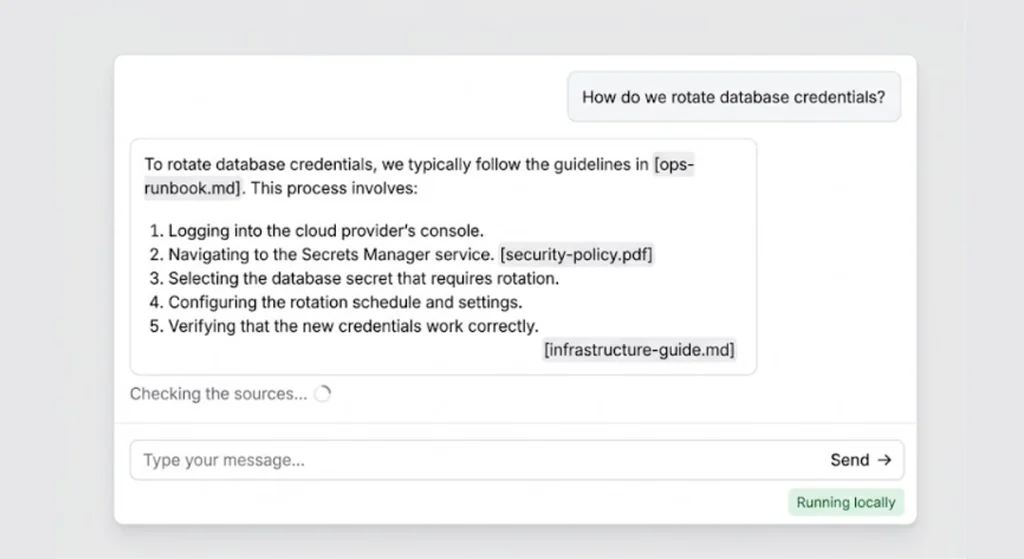 Screenshot mockup of the Next.js chat interface built with Shadcn UI showing agent steps and a grounded answer with source citations