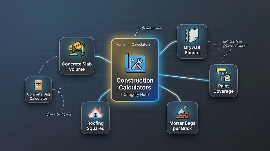 Topical cluster map showing a construction category hub page linking to concrete, drywall, paint, and roofing calculator pages, which cross-link to related tools