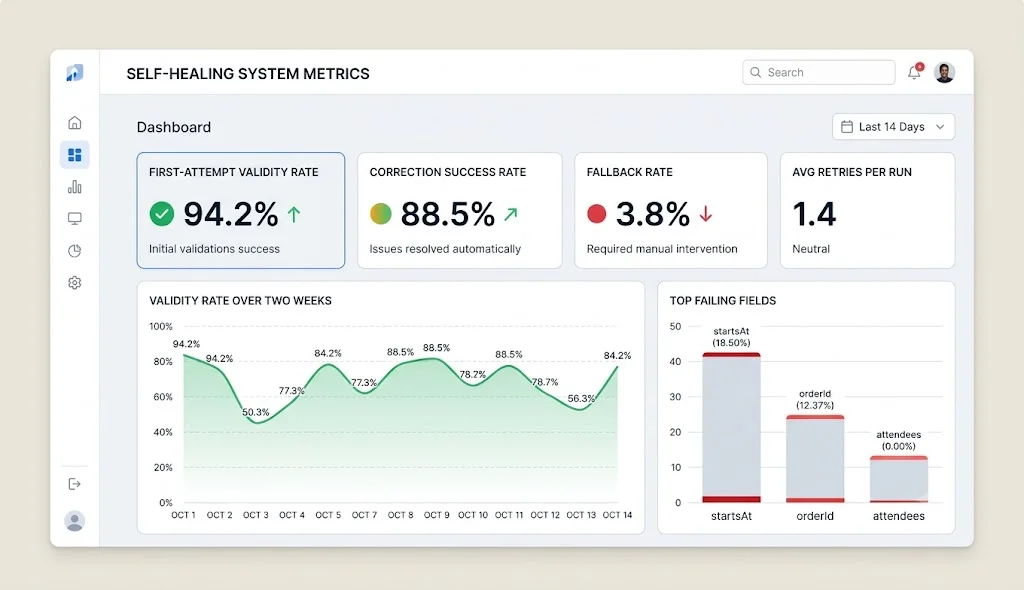 Self-healing metrics dashboard showing 94.2% first-attempt validity, 88.5% correction success, 3.8% fallback rate and 1.4 average retries per run, with a two-week validity chart and top failing fields startsAt, orderId and attendees