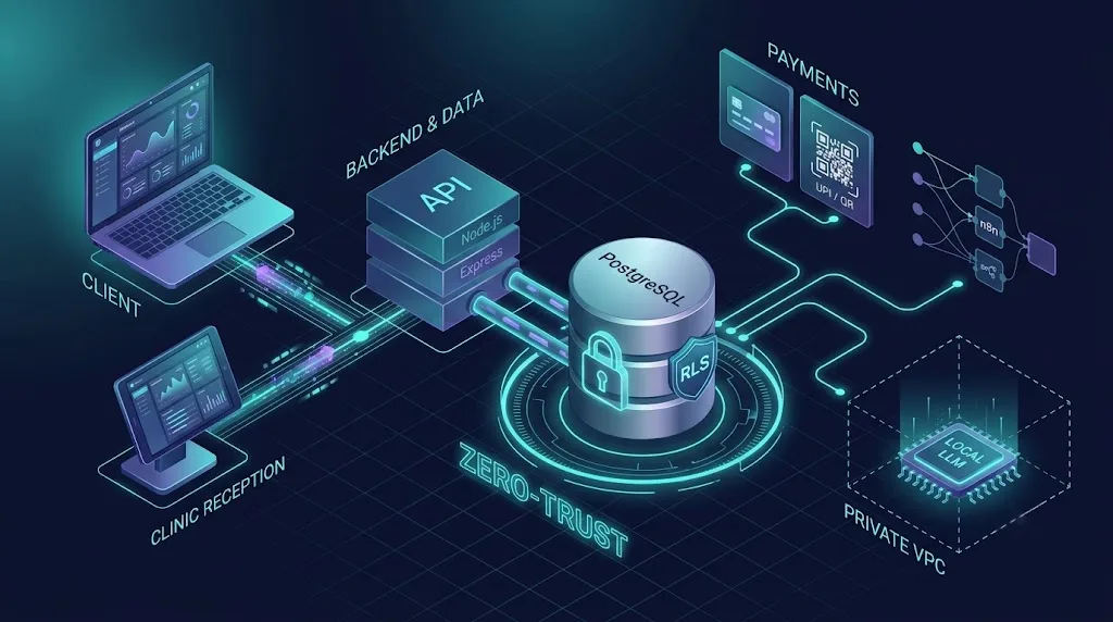 Super-vertical micro-SaaS architecture overview showing client and clinic reception dashboards, an Express API, Zero-Trust PostgreSQL with RLS, payments, n8n, and a local LLM in a private VPC