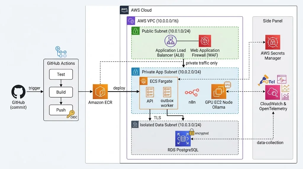 CI/CD pipeline from GitHub Actions through ECR to ECS Fargate, with public, private app, and isolated data subnets for the ALB, API, n8n, GPU Ollama node, and RDS PostgreSQL inside an AWS VPC